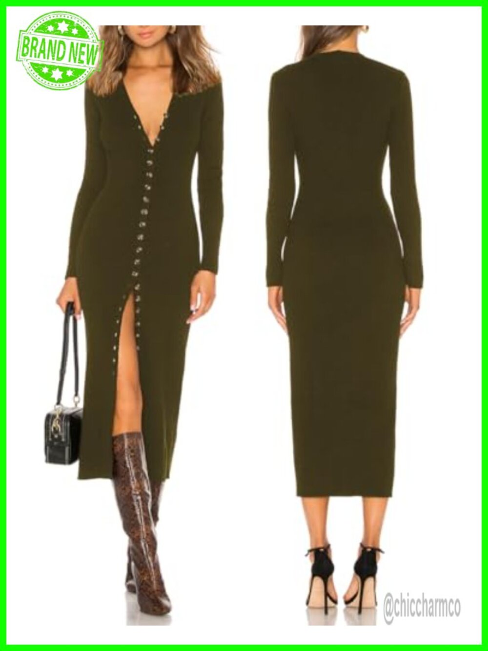 Women's V-Neck Long Sleeve Button Down Sweater Maxi Dress Bodycon Fit